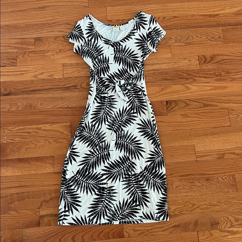 C&C California Black & White Tropical Leaf Print Dress women’s small rayon midi